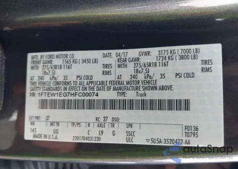 2017 Ford F-150 Xlt из США, поврежденный, VIN 1FTEW1EG7HFC00074